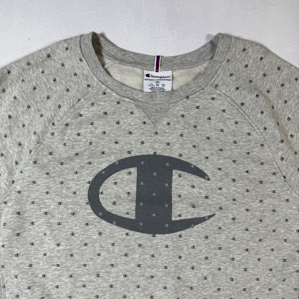 Champion Mens 2XL Sweatshirt Heather Gray All Over Logo AOP Raglan Sleeve